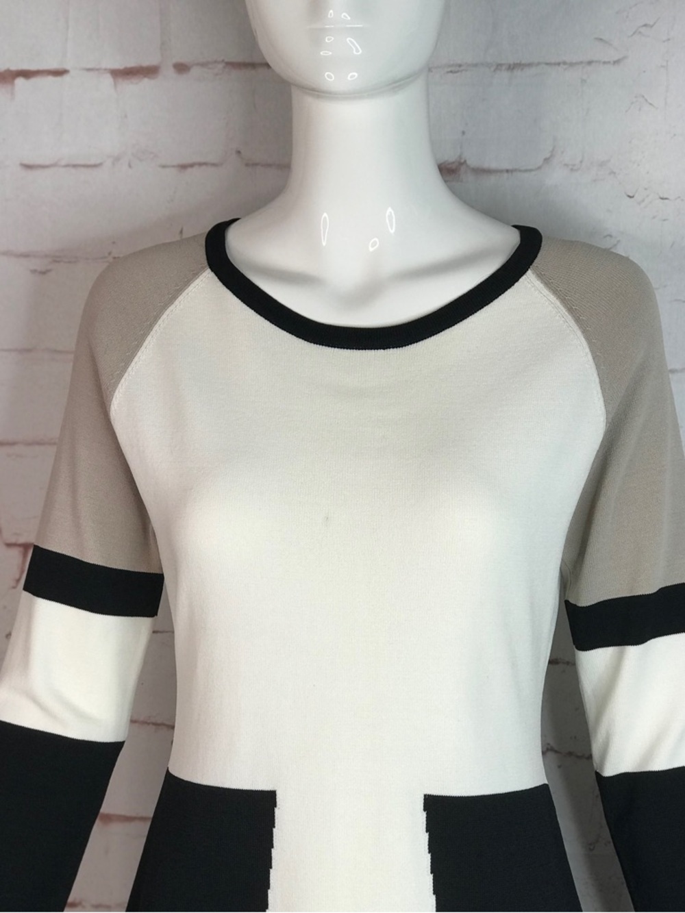 CALVIN KLEIN M Petite Colorblock Knit Long Sleeve Dress Black Taupe Cream MP - Picture 13 of 15